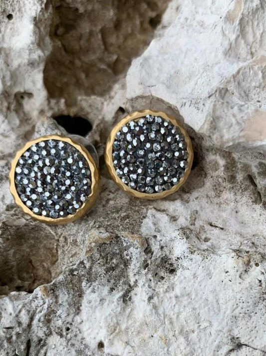 Gold Plated Round Stud Earings with Black Crystals