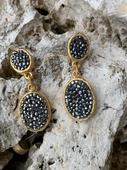 Oval Zamak Earings with Black Crystal Stones