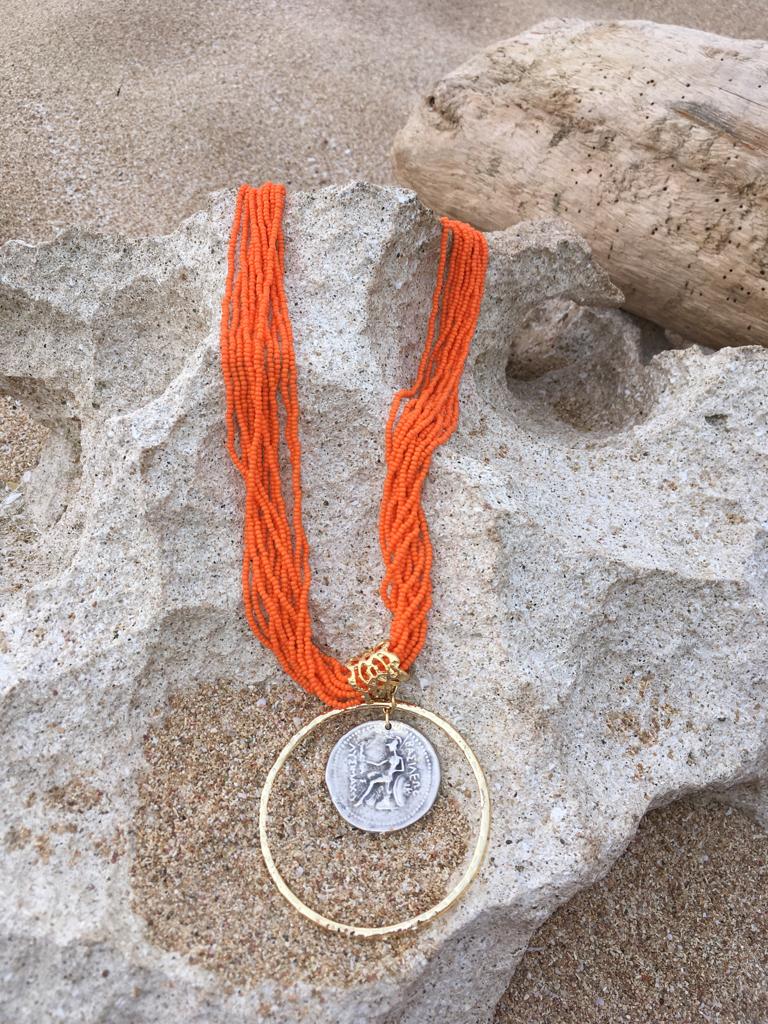 Zamak two tone Coin Necklace and orange beads