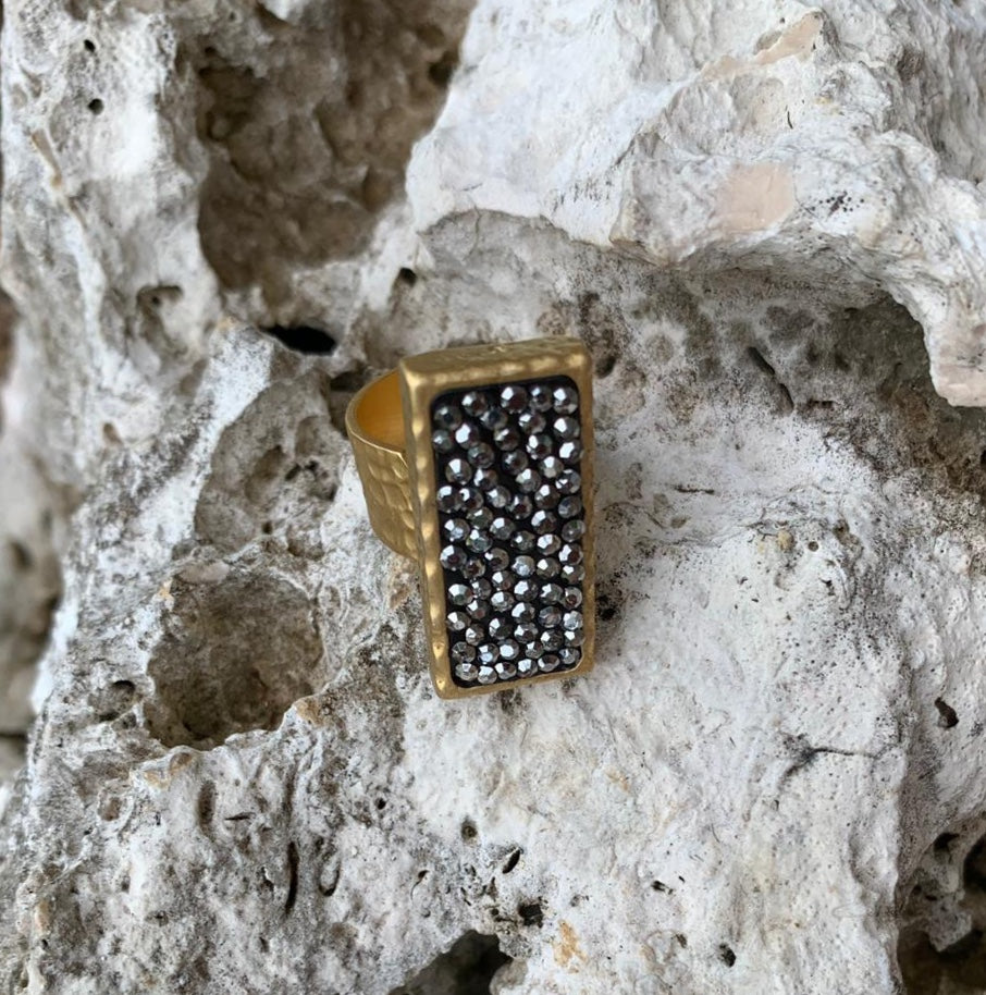 Ring- 24k gold plated with black crystal stones