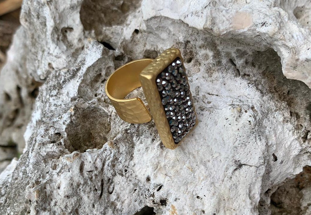 Ring- 24k gold plated with black crystal stones